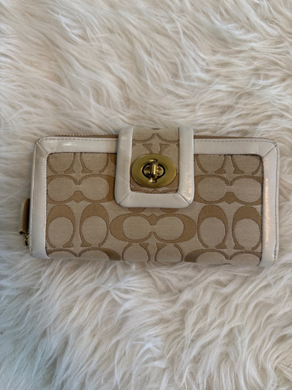 Coach Beige Signature Canvas Wallet with Cream Leather Trim